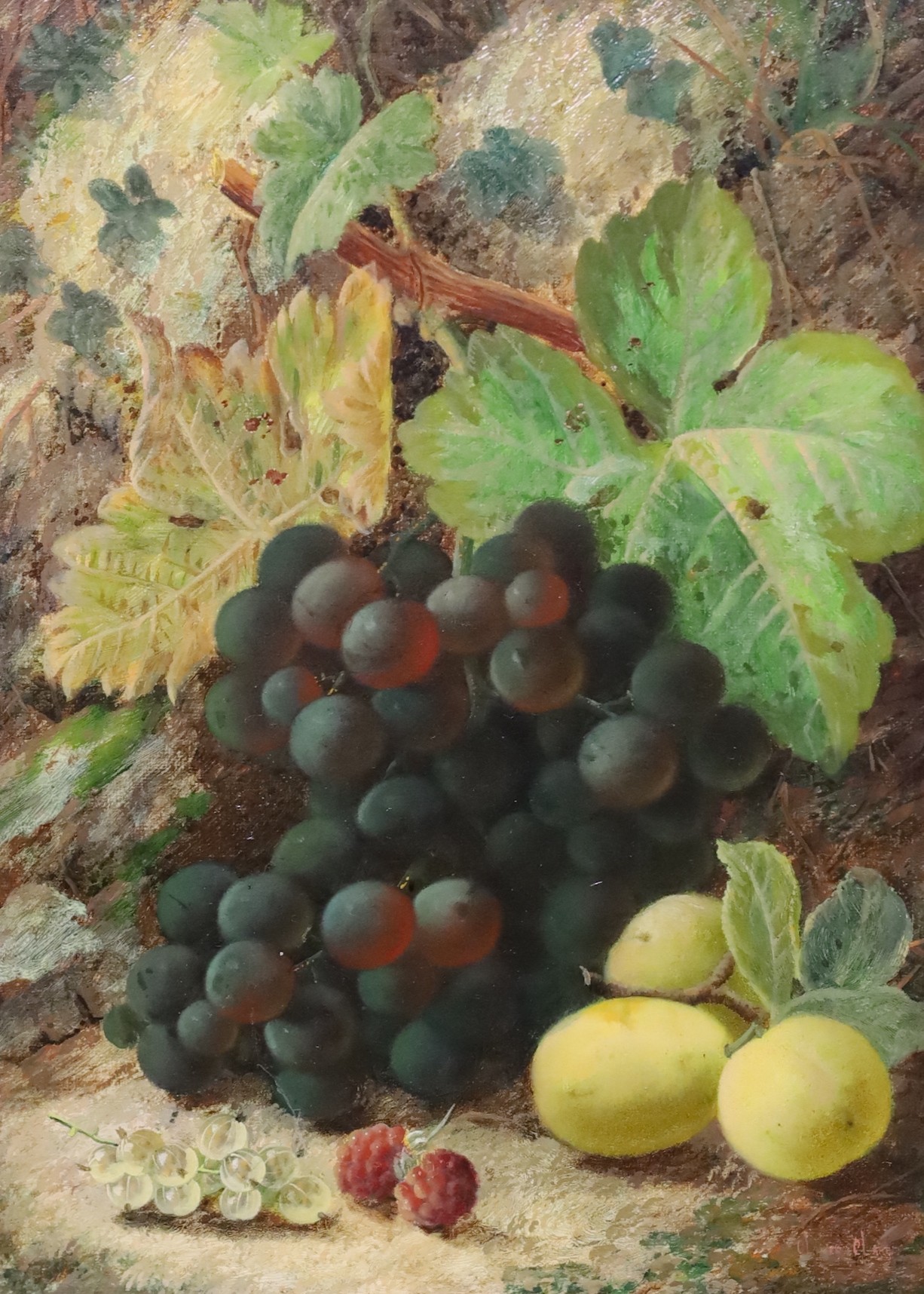 Oliver Clare (British, 1853-1927), Still life of grapes, white currants, raspberries and plums, oil on canvas, 30 x 22cm